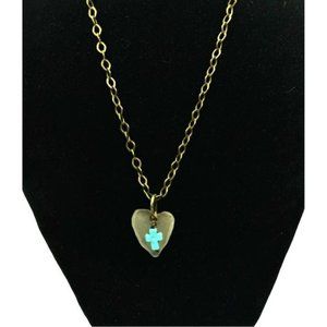 Artisan Light Green Sea Glass Concave Heart Pendant with Turquoise Cross Charm